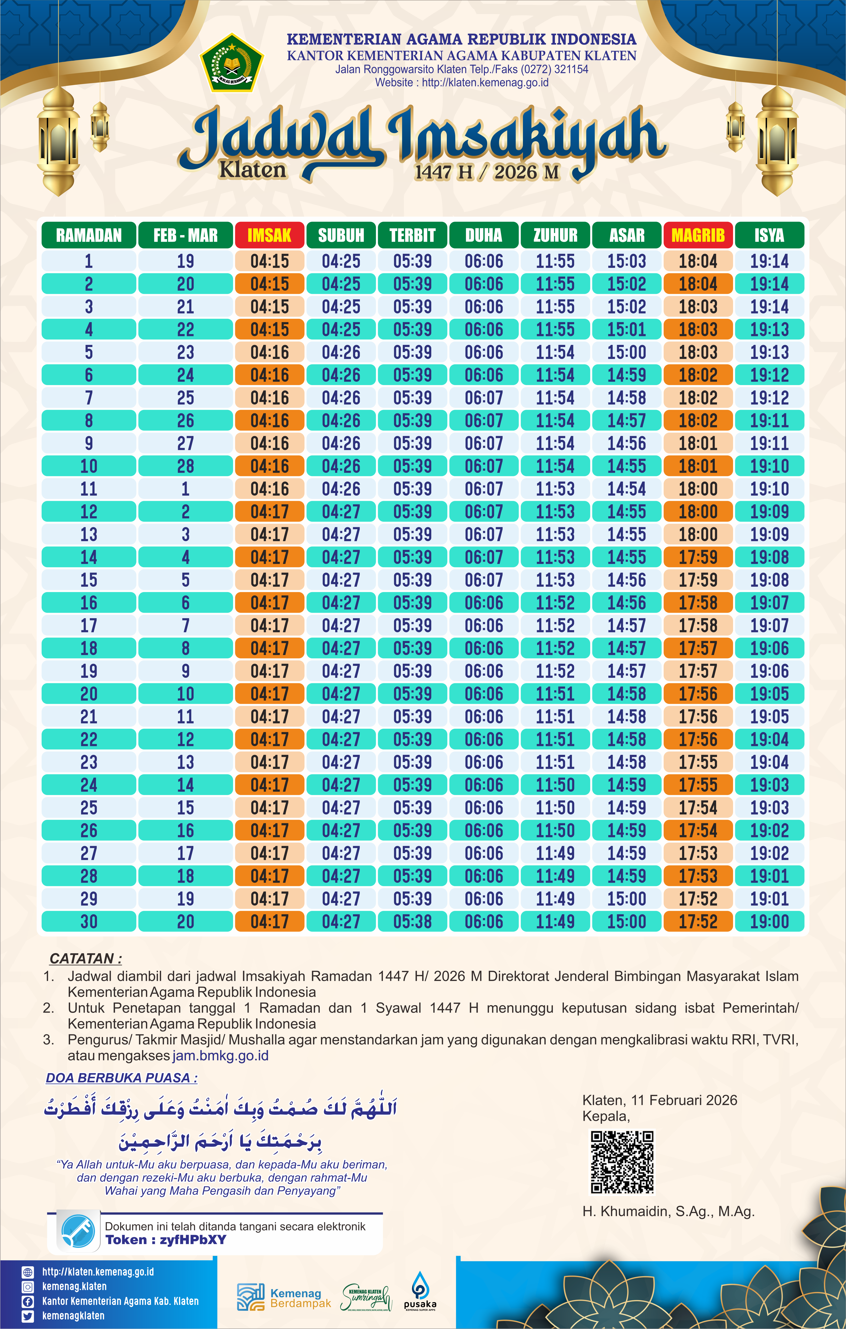 Jadwal Imsakiyah Ramadan 1447 H/2026 M